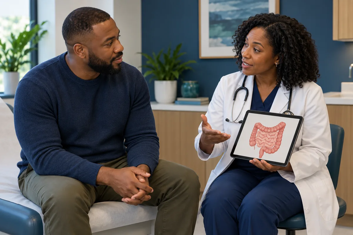 Illustrative image of a patient discussing a digestive concern with a doctor