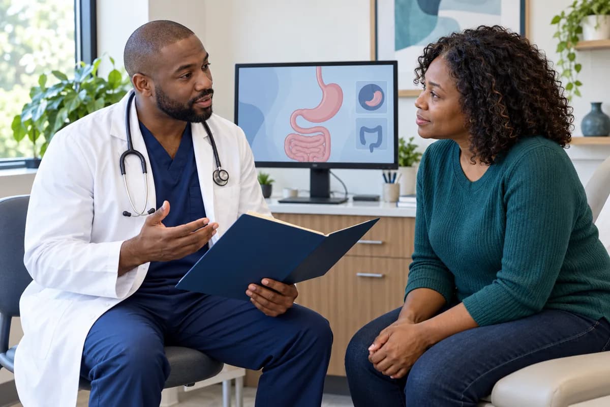 Illustrative image of a physician explaining information to a patient during a follow-up discussion