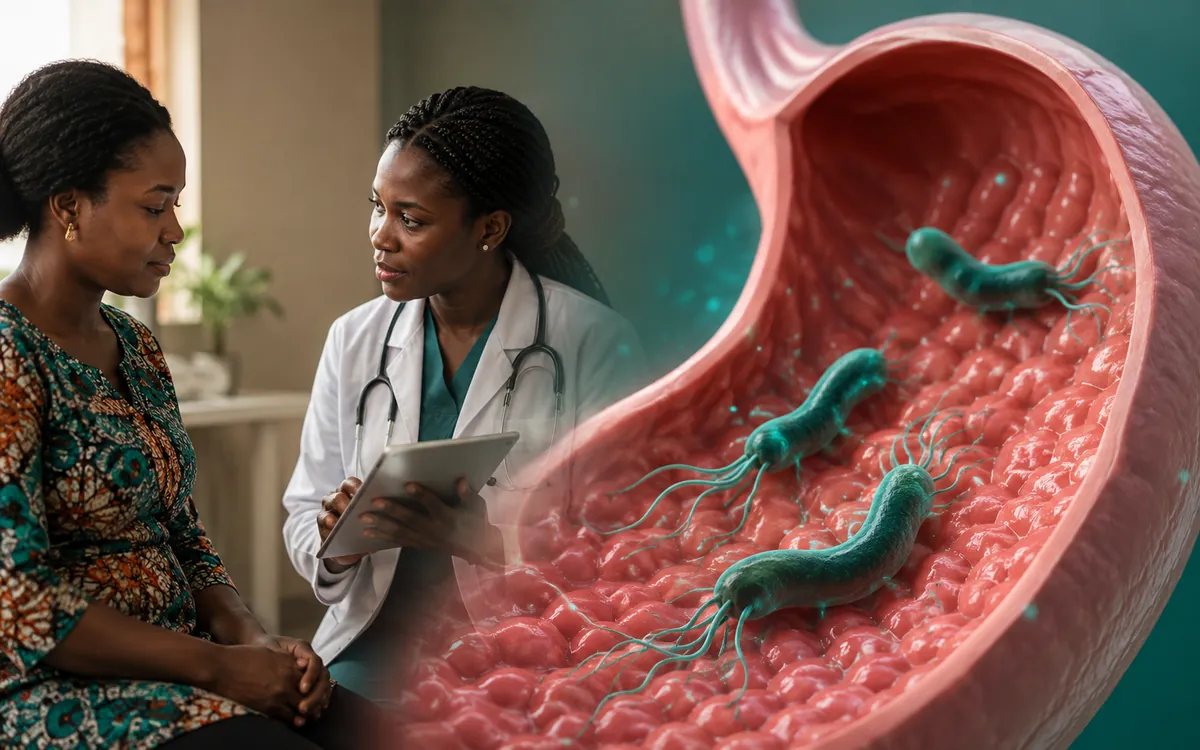 Illustration of H. pylori bacteria in the stomach lining