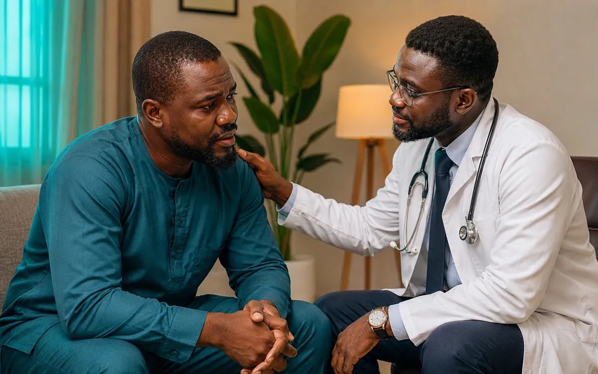 A patient being reassured by a doctor in a Lagos consultation room