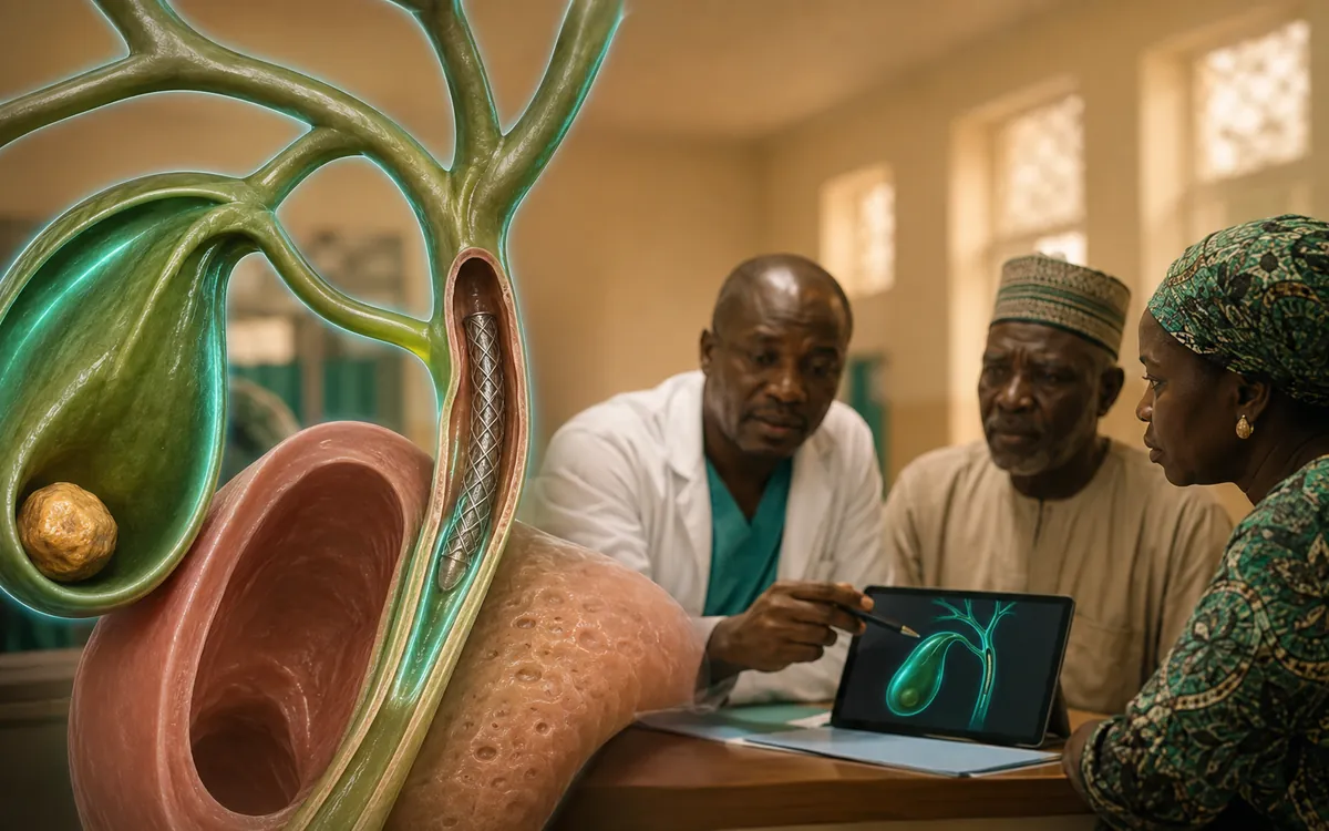 Medical illustration of a gallstone blocking the bile duct