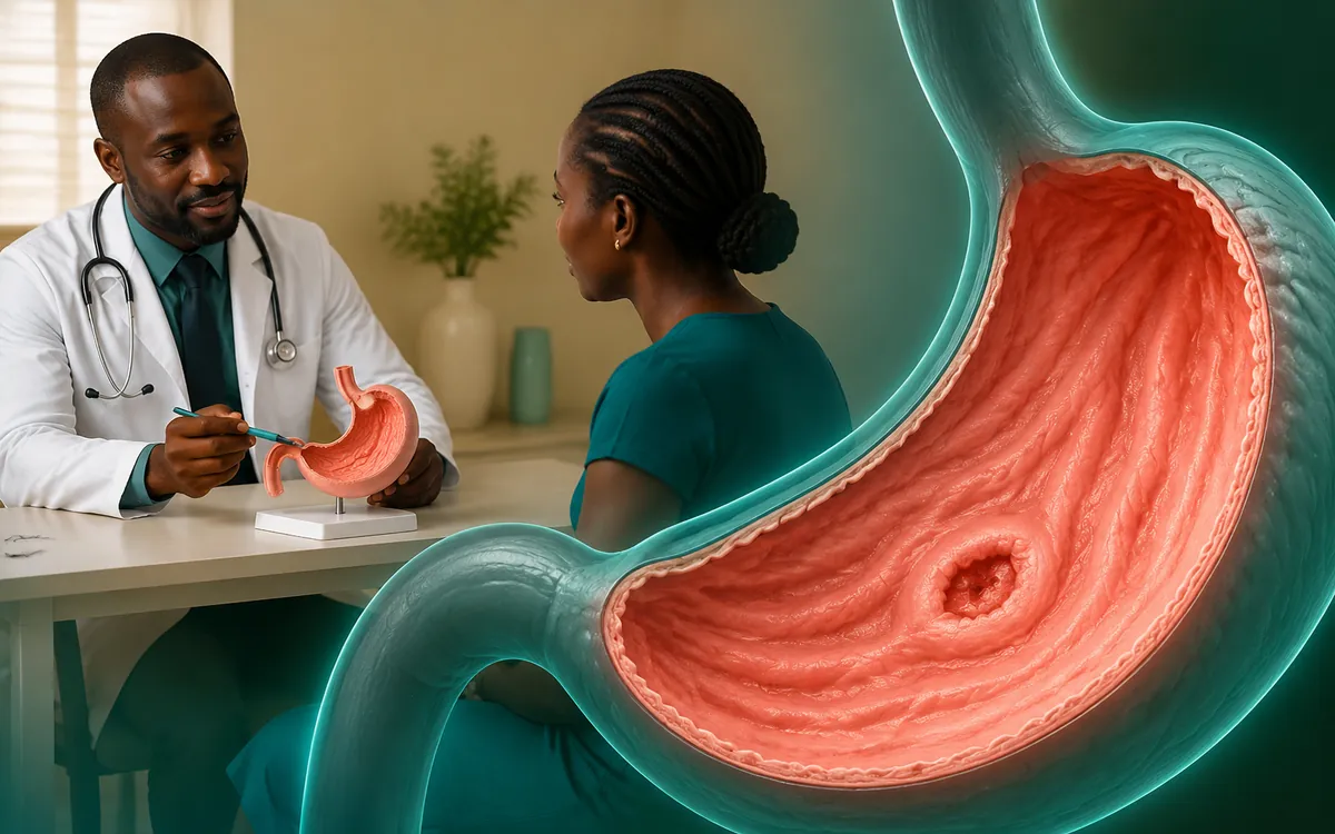 Illustration of a peptic ulcer in the stomach lining