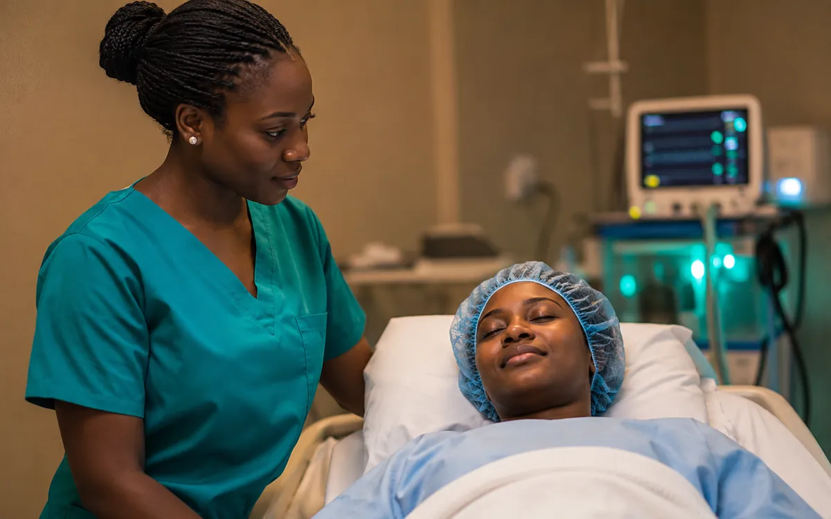 A patient resting in an endoscopy recovery area